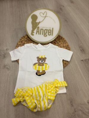 CONJUNTO BAÑO NIÑA OSO Y RAYAS AMARILLAS