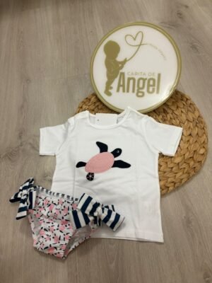 CONJUNTO BAÑO NIÑA TORTUGA LAZOS ROSA