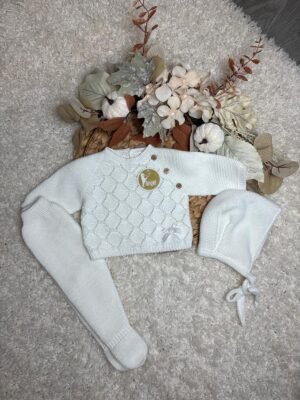 04-1034 CONJUNTO JERSEY CALADO GEOMETRICO, POLAINA Y CAPOTA